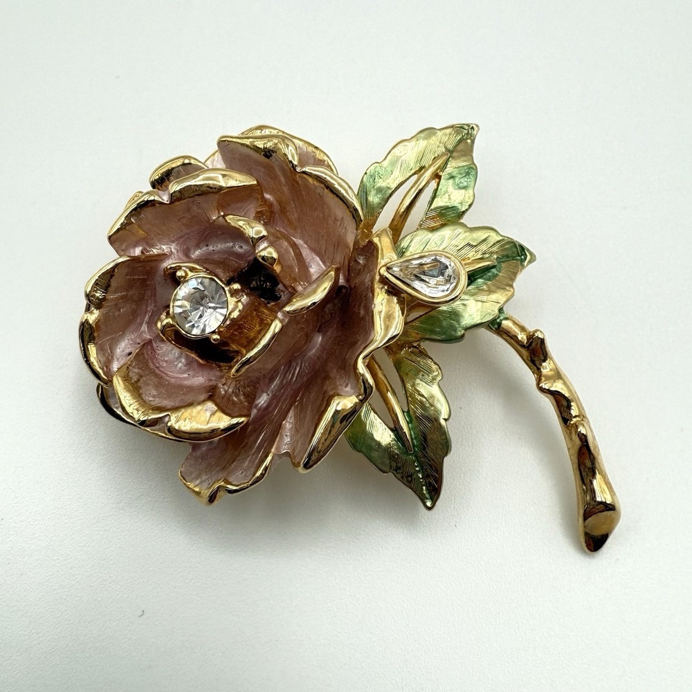 1997 RJ Graziano Princess Diana ENGLANDS ROSE Enamel Rhinestone Gold Tone Brooch